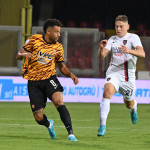 Benevento , ITALY - August 14 : Andreas Tello and Andrea Vallocchia during the Italian Serie B Championship 2022-2023 between Benevento and Cosenza on August 14, 2022 in Stadio Oreste Vigorito in Benevento , Italy.
