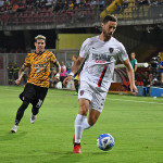 Benevento , ITALY - August 14 : Andrea Rispoli and Diego Farias during the Italian Serie B Championship 2022-2023 between Benevento and Cosenza on August 14, 2022 in Stadio Oreste Vigorito in Benevento , Italy.