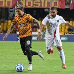 Benevento , ITALY - August 14 : Diego Farias and Enrico Brignola during the Italian Serie B Championship 2022-2023 between Benevento and Cosenza on August 14, 2022 in Stadio Oreste Vigorito in Benevento , Italy.