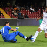 Benevento , ITALY - August 14 : Joaquin Larrivey and Alberto Paleari during the Italian Serie B Championship 2022-2023 between Benevento and Cosenza on August 14, 2022 in Stadio Oreste Vigorito in Benevento , Italy.