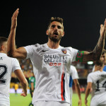 Benevento , ITALY - August 14 : Joaquin Larrivey gol during the Italian Serie B Championship 2022-2023 between Benevento and Cosenza on August 14, 2022 in Stadio Oreste Vigorito in Benevento , Italy.