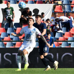 Foto Andrea Rosito 13 Aprile 2024 Cosenza, Italia - sport, calcio - Cosenza vs Palermo - Campionato di calcio Serie BKT 2023/2024 - Stadio-San Vito-Gigi Marulla - Nella foto: Matteo Brunori e Federico Zuccon
